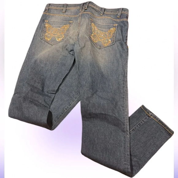 2 B Bebe boot cut rhinestone bling pockets straight skinny jeans Sz - Picture 1 of 16